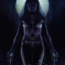 A mystical nude woman stands in darkness, the glowing full moon behind her head. Symbols and constellations mark her body as light flows from her hands—an image evoking feminine rituals in Womb Rage: Righteous Dance of Your Dark Feminine.